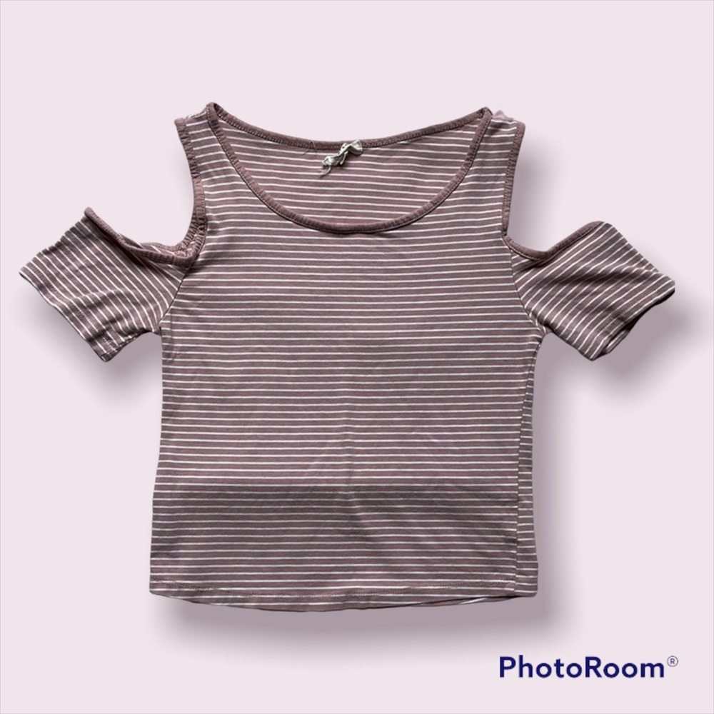 Striped Mauve Off The Shoulder Cut Out Short Sleeve Top